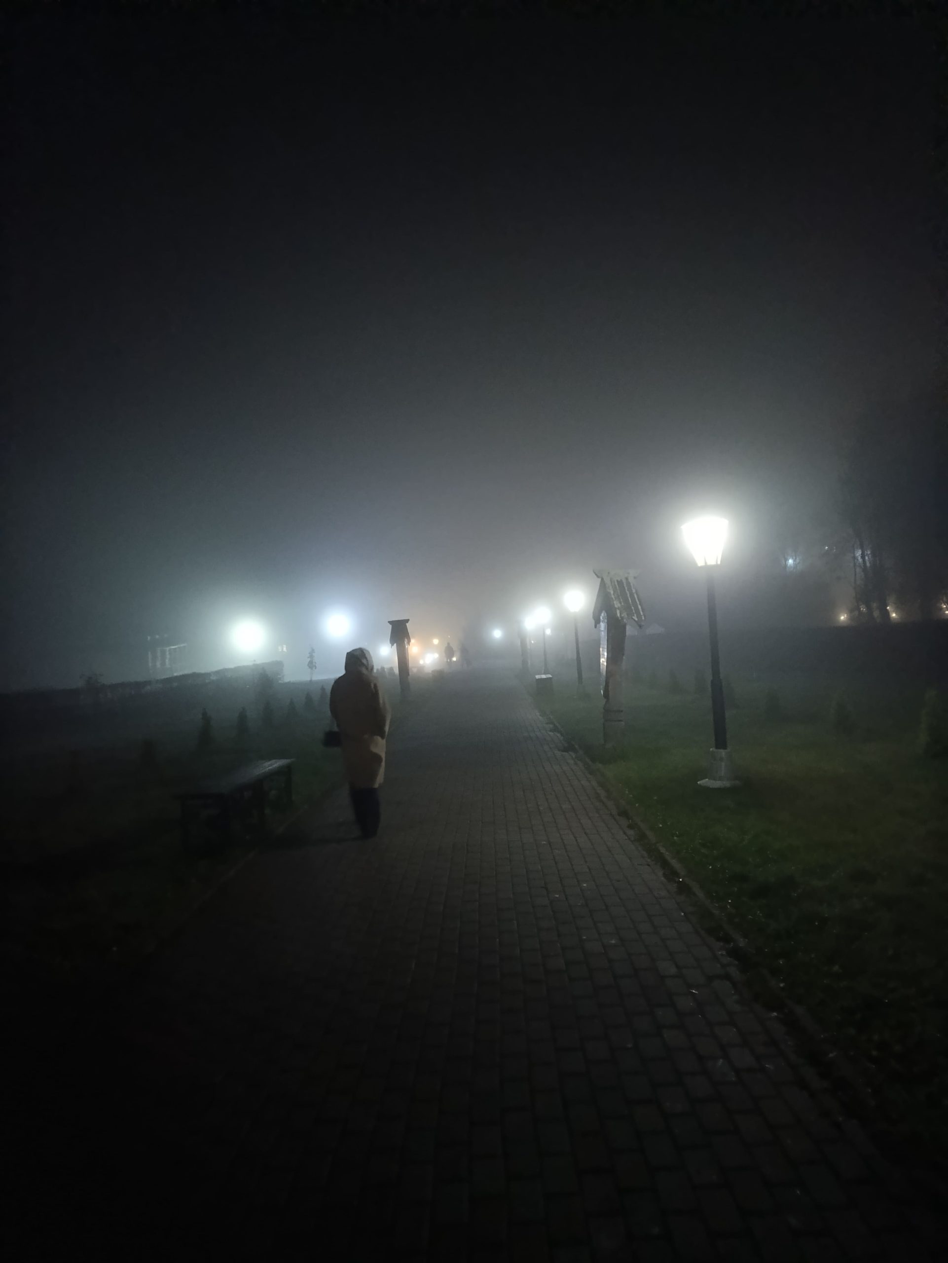 Дорожка в тумане поздним вечером на святой источник Гремячий ключ.